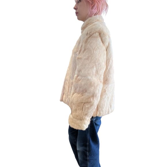 Vintage 1980s White Rabbit Fur Coat Car Length Puff Sleeve Stand-Up Collar M - Picture 4 of 11